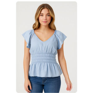 Sam Edelman Blouse Womens Small Harper Nyra Smocked Waist Flutter Sleeve Top